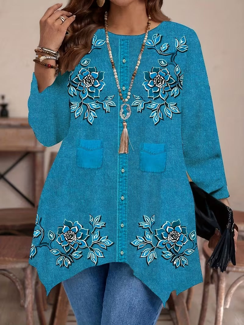 Women’s Plus Size Printed Long Sleeve Top & Stretchy Pants Set – Imitation Denim Look