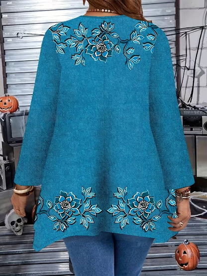 Women’s Plus Size Printed Long Sleeve Top & Stretchy Pants Set – Imitation Denim Look