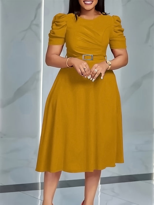 Women's Elegant V-Neck Ruffle Midi Dress with Waist Belt