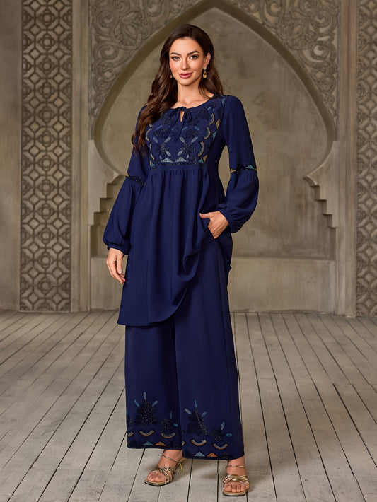 Women's Elegant Rhinestone Detail Long Sleeve Top & Wide-Leg Pants Set