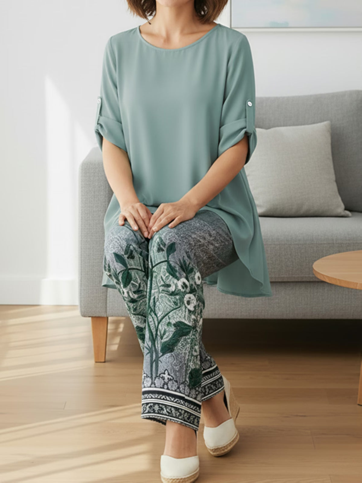 Elegant Leaf Print High-Low Co-Ord Set