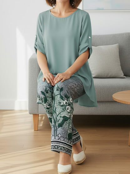 Elegant Leaf Print High-Low Co-Ord Set