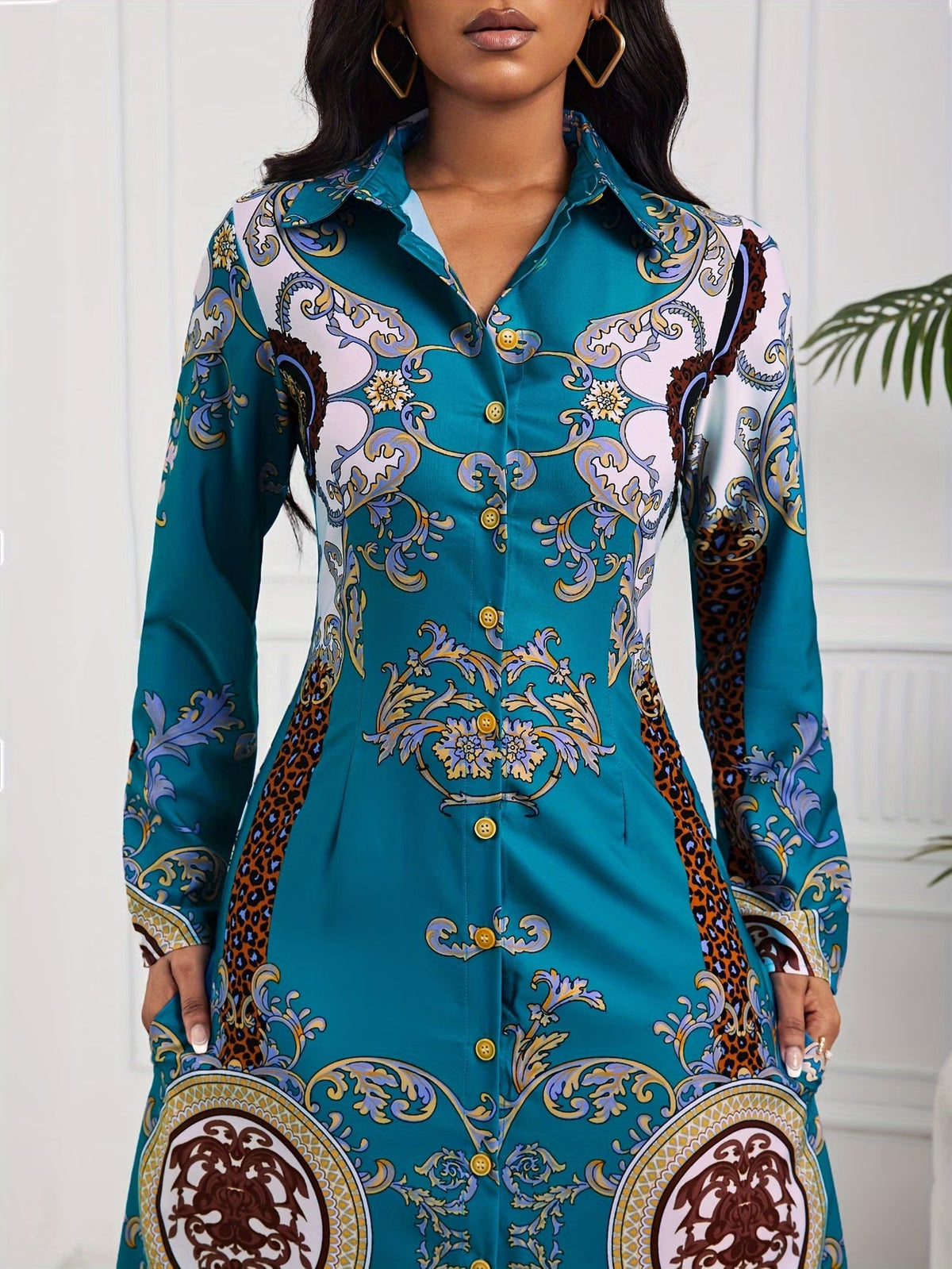 Tribal Print Lapel Button-Front Dress