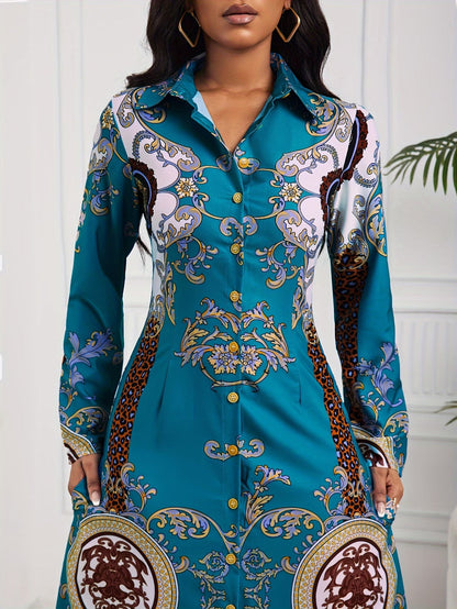 Tribal Print Lapel Button-Front Dress