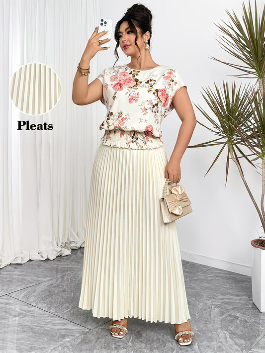 Women's Plus Size Printed Wrap Top & Pleated Skirt Co-Ord Set