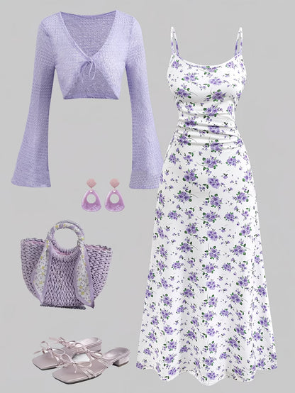 Women's Floral Halter Dress & Cardigan Set