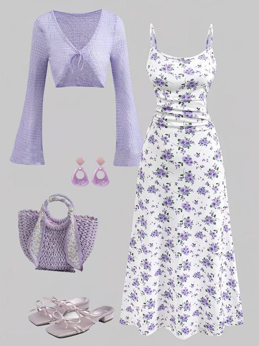 Women's Floral Halter Dress & Cardigan Set