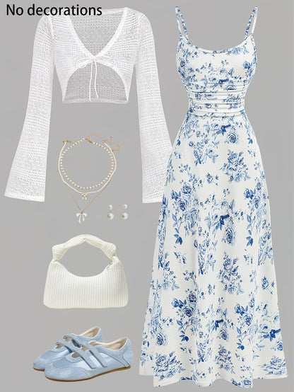 Women's Floral Halter Dress & Cardigan Set