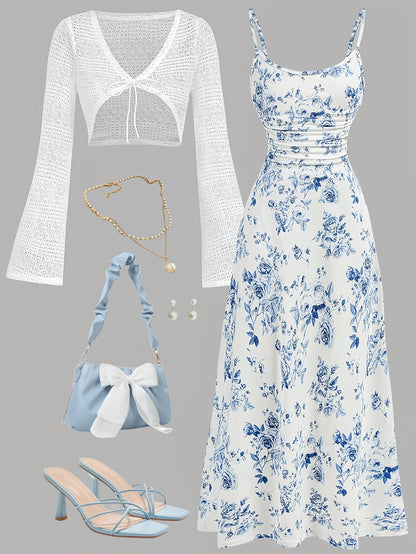 Women's Floral Halter Dress & Cardigan Set