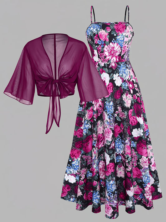Women's Floral Halter Dress & Cardigan Set