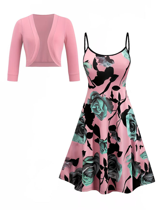 Women's Floral Halter Dress & Cardigan Set