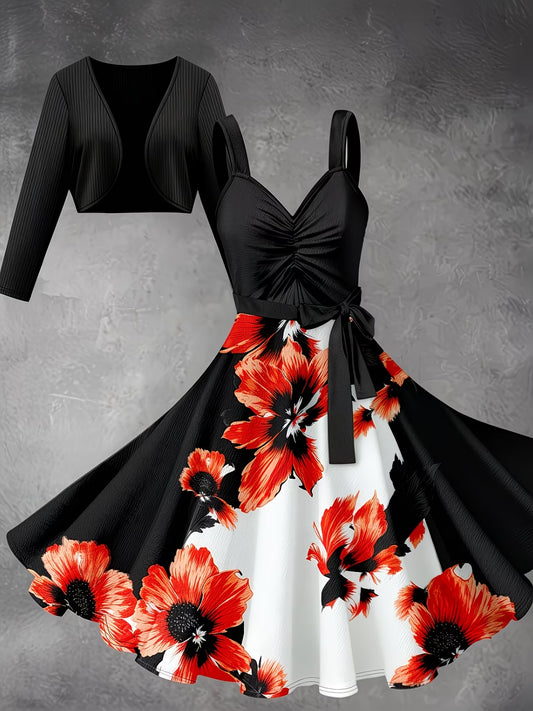 Blooming Grace Women's Floral Tie-Waist Dress with Matching Cardigan