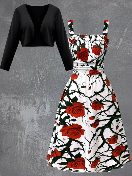 Blooming Grace Women's Floral Tie-Waist Dress with Matching Cardigan