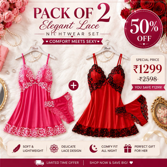 Pack of 2 Premium Lace Babydoll Nightwear Set | 50% OFF | Only ₹1299