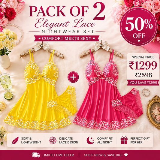 Pack of 2 Premium Lace Babydoll Nightwear Set | 50% OFF | Only ₹1299