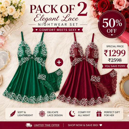 Pack of 2 Premium Lace Babydoll Nightwear Set | 50% OFF | Only ₹1299