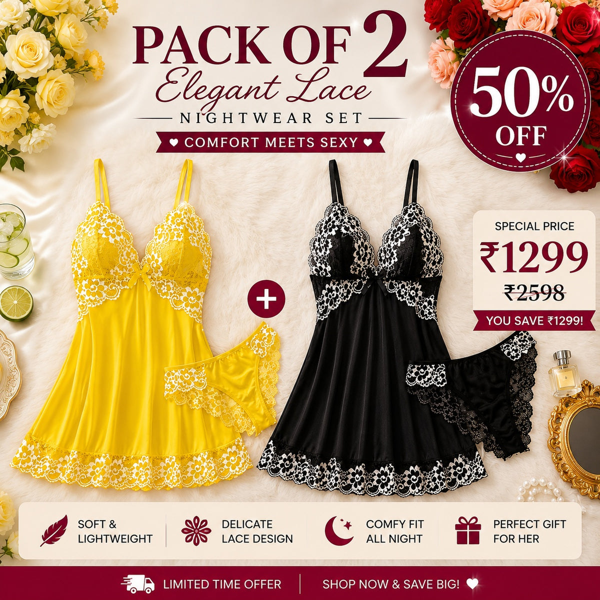 Pack of 2 Premium Lace Babydoll Nightwear Set | 50% OFF | Only ₹1299