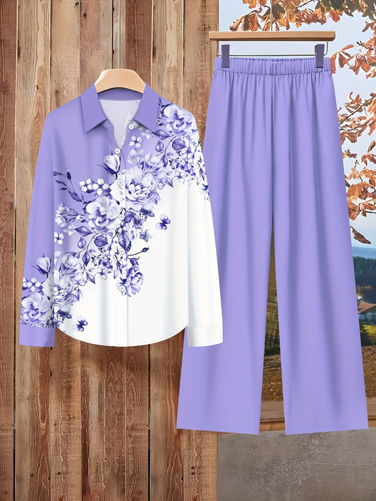 Women’s Floral Color-Block Blouse & Relaxed Trousers Co-Ord Set