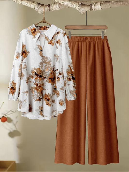 Women’s Floral Color-Block Blouse & Relaxed Trousers Co-Ord Set