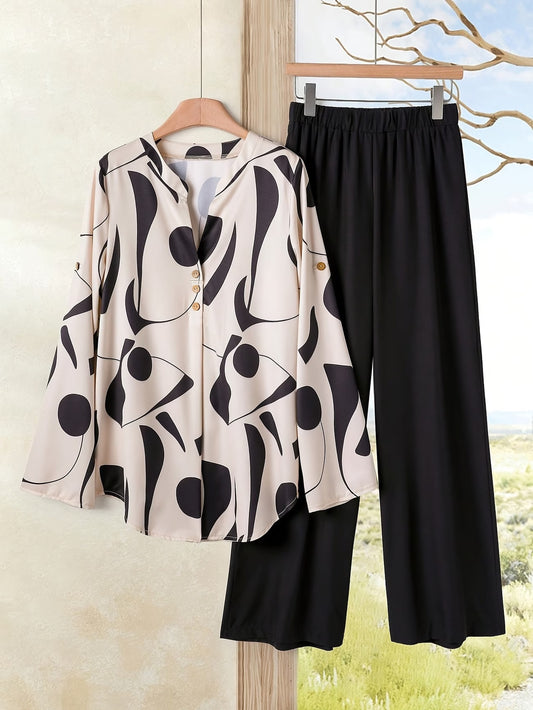Women’s Floral Color-Block Blouse & Relaxed Trousers Co-Ord Set