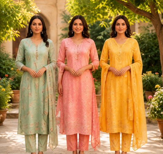 Premium Floral Elegance Women’s Kurta Set | Pack of 3