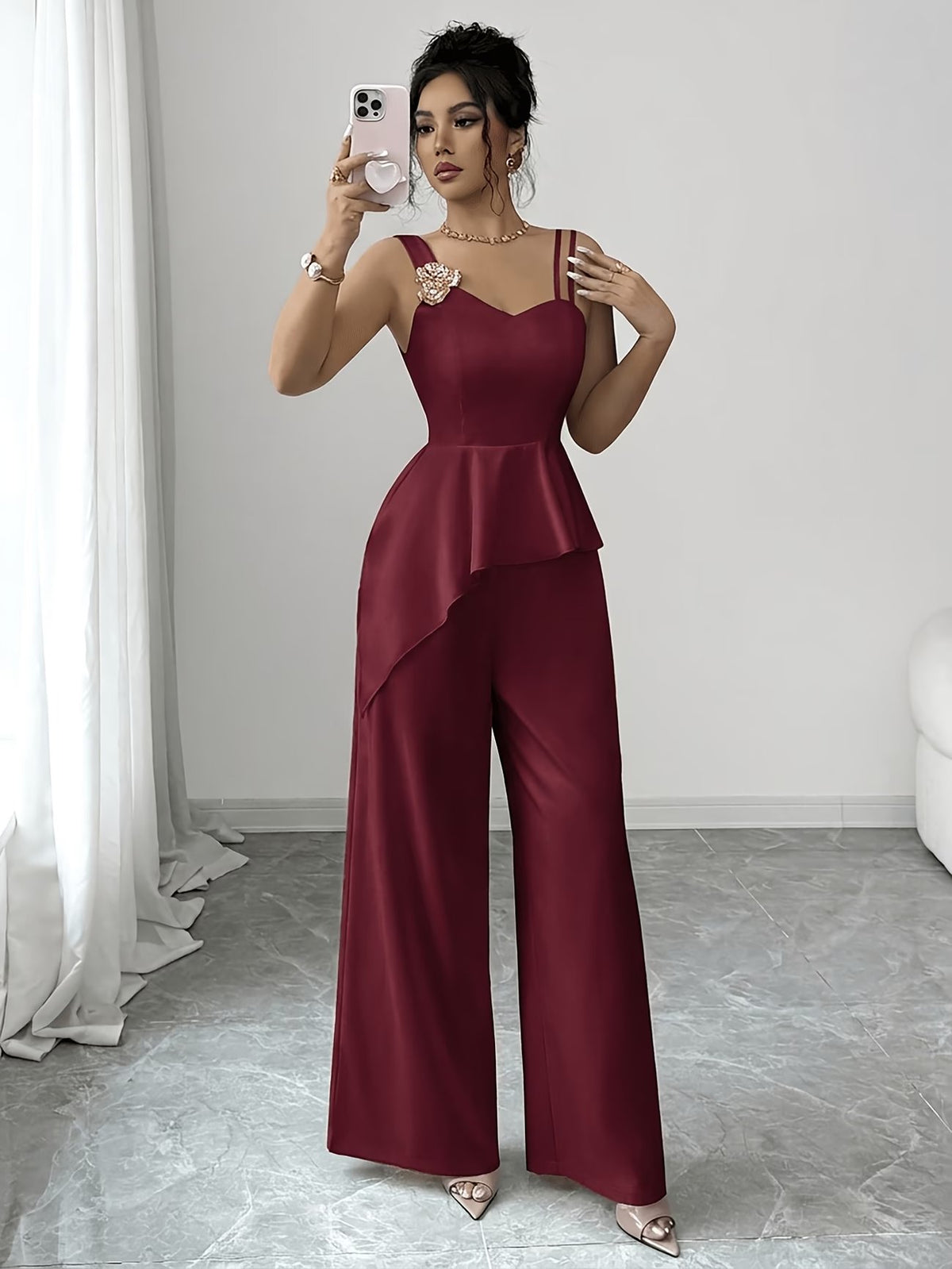 Chic Asymmetric Top, Skirt & Wide-Leg Pants