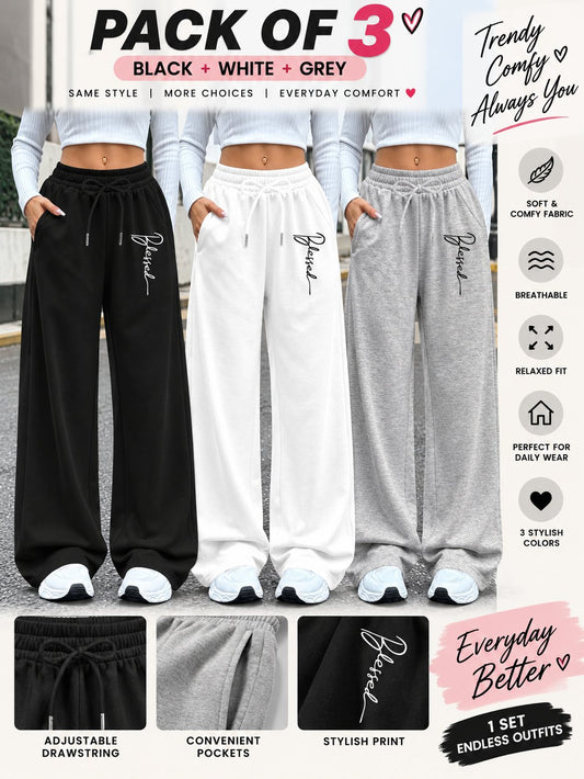 Women’s Loose Fit Wide Leg Pants – Set of 3