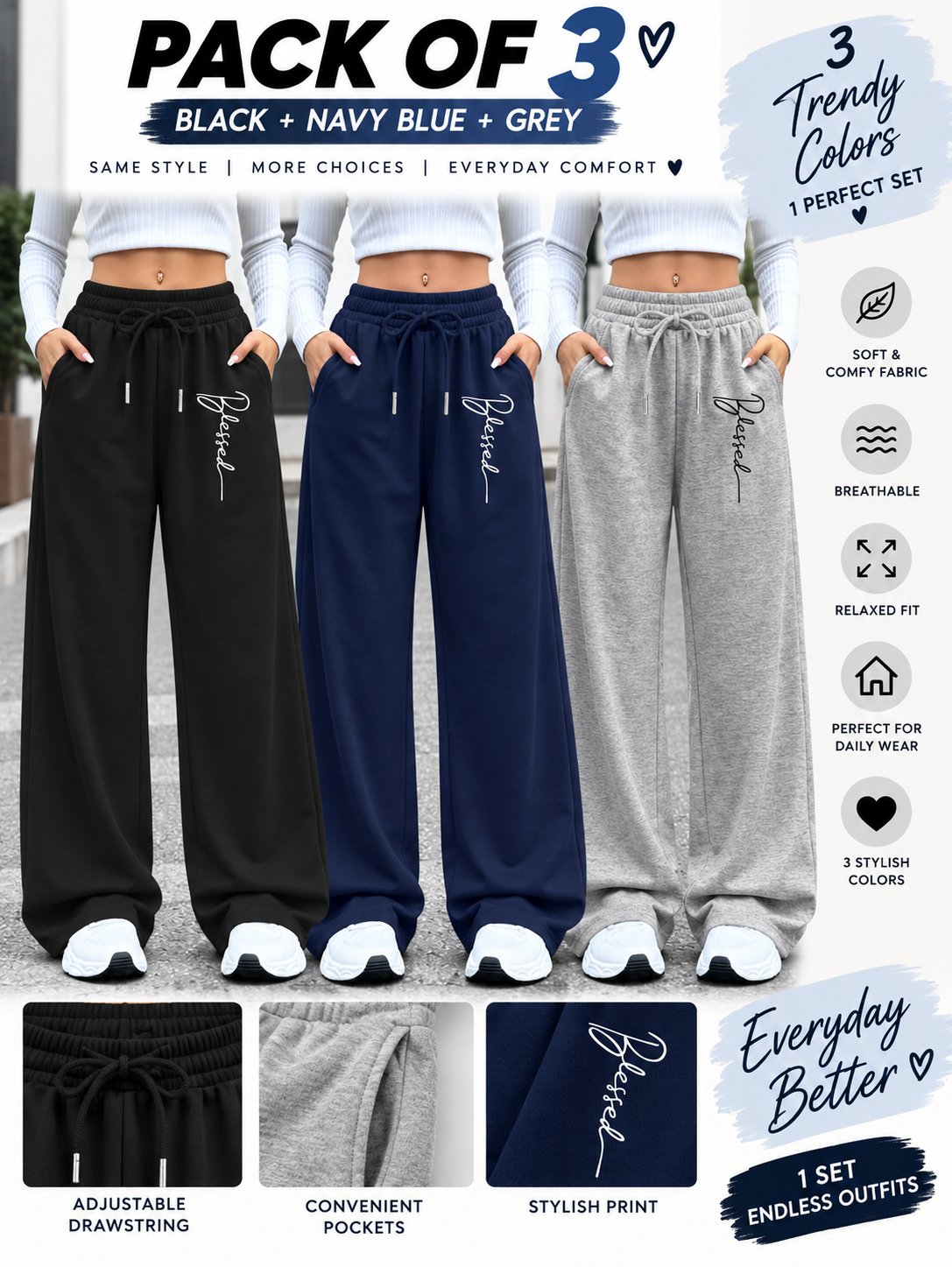 Women’s Loose Fit Wide Leg Pants – Set of 3