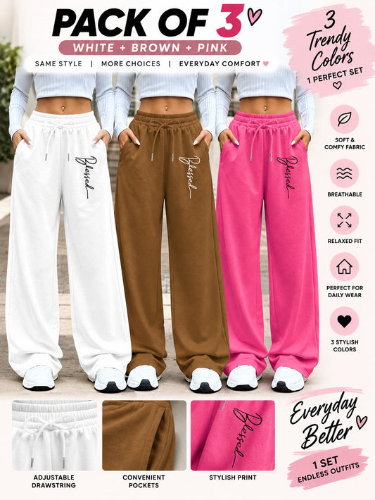 Women’s Loose Fit Wide Leg Pants – Set of 3