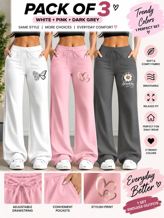 Women’s Loose Fit Wide Leg Pants – Set of 3
