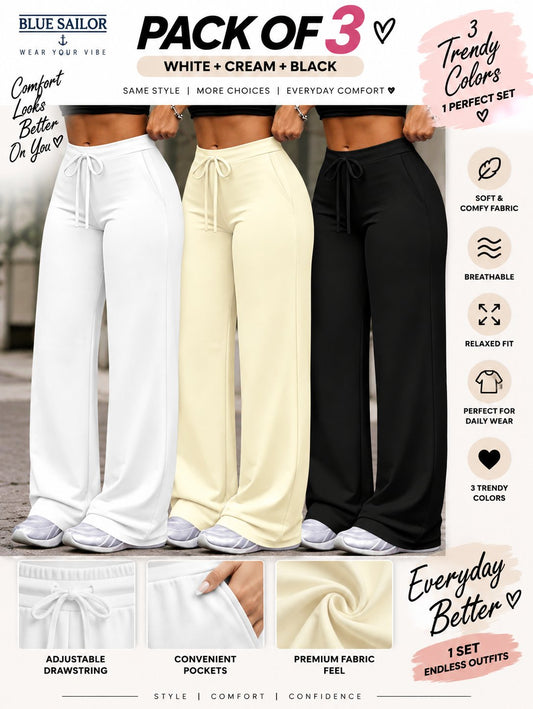 Women’s Loose Fit Wide Leg Pants – Set of 3
