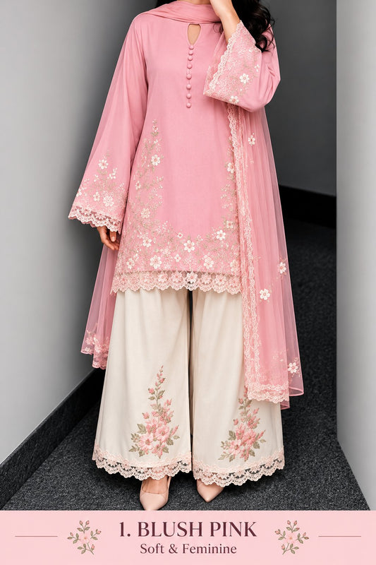 Floral Lace Work Kurta, Palazzo & Dupatta