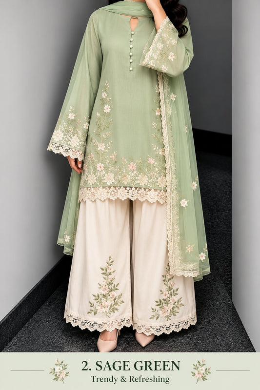 Floral Lace Work Kurta, Palazzo & Dupatta