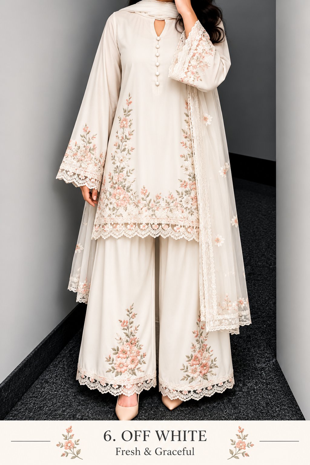 Floral Lace Work Kurta, Palazzo & Dupatta