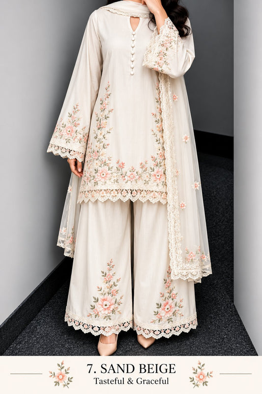 Floral Lace Work Kurta, Palazzo & Dupatta