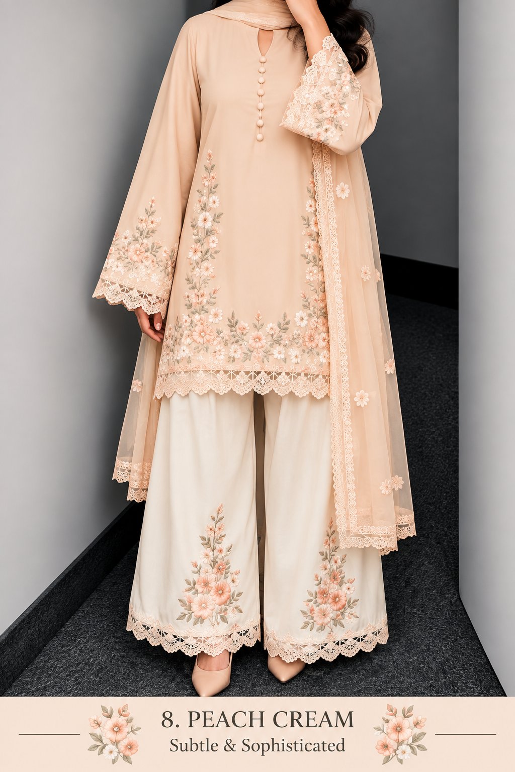 Floral Lace Work Kurta, Palazzo & Dupatta