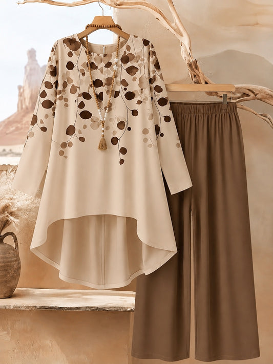 Women's Plus Size Leaf Print Top & Wide-Leg Pants Set