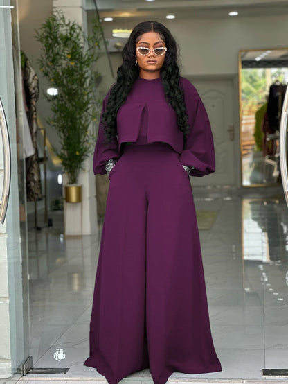Plus Size Elegant Lantern Sleeve Top & Wide-Leg Pants Set