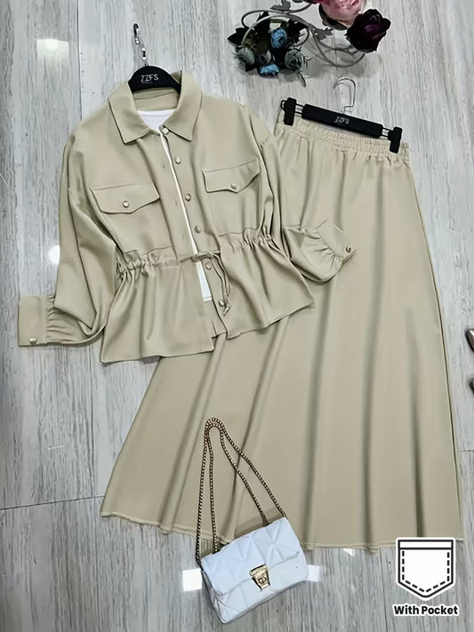 Women's Drawstring Waist Collared Top & Elastic Waist Skirt Two-Piece Set