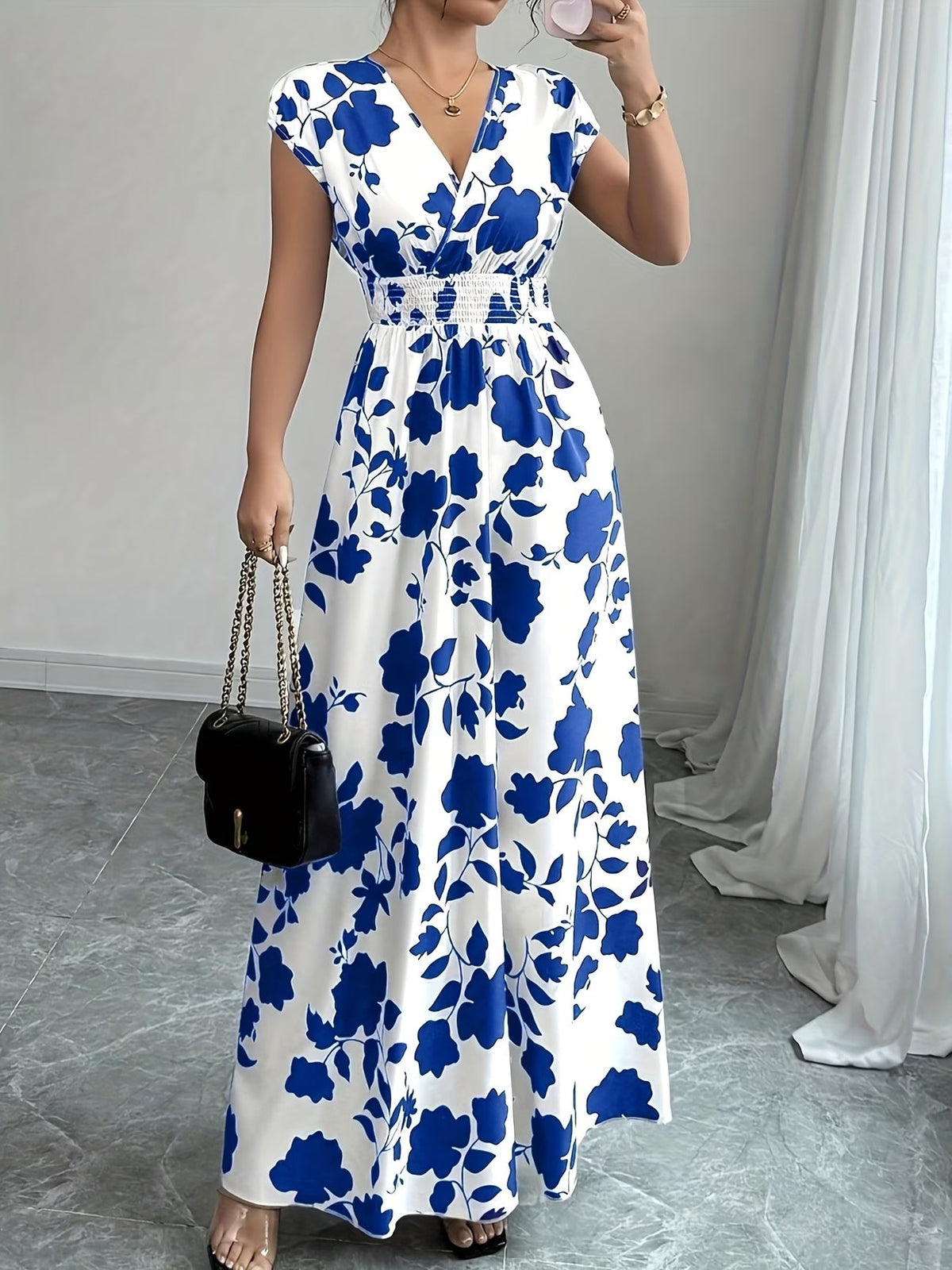 Elegant Floral Maxi Dress – V-Neck A-Line Flowing Dress with Cinched Waist for Women
