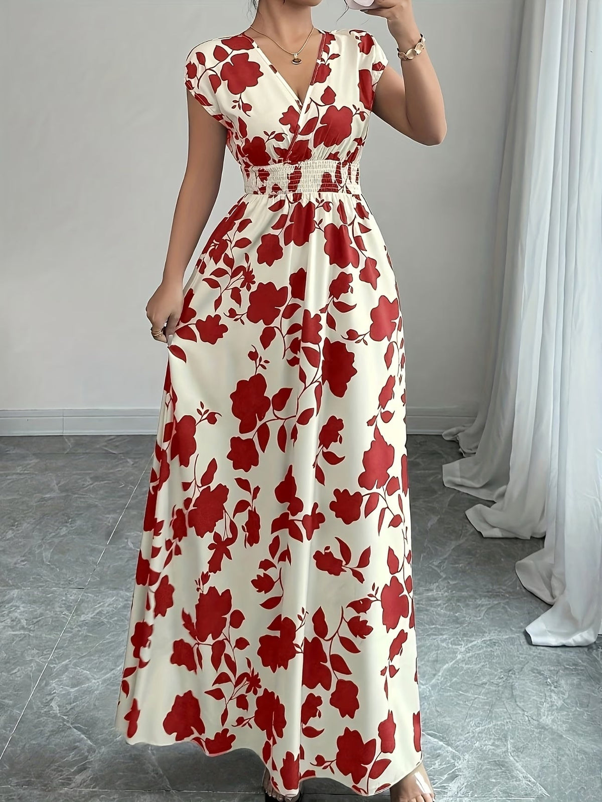 Elegant Floral Maxi Dress – V-Neck A-Line Flowing Dress with Cinched Waist for Women