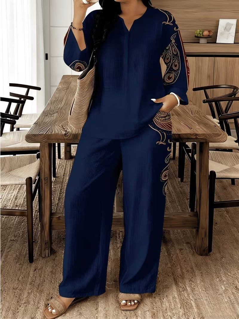 Stylish Printed Two-Piece Set – V-Neck Button Shirt & Elastic Waist Pants Outfit for Women