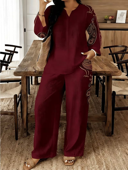 Stylish Printed Two-Piece Set – V-Neck Button Shirt & Elastic Waist Pants Outfit for Women