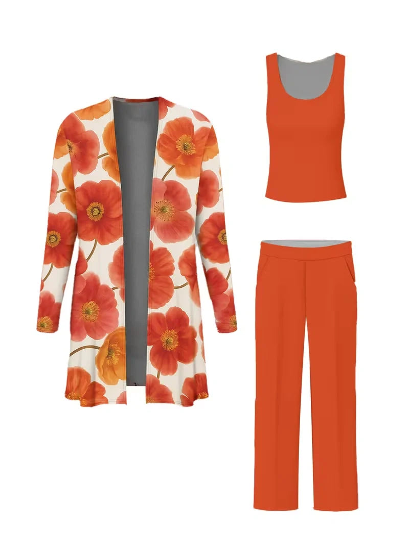 Floral Embroidered 3 Piece Linen Co-ord Set for Women — Jacket Vest and Wide Leg Pants