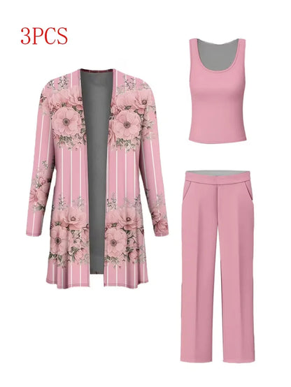 Floral Embroidered 3 Piece Linen Co-ord Set for Women — Jacket Vest and Wide Leg Pants