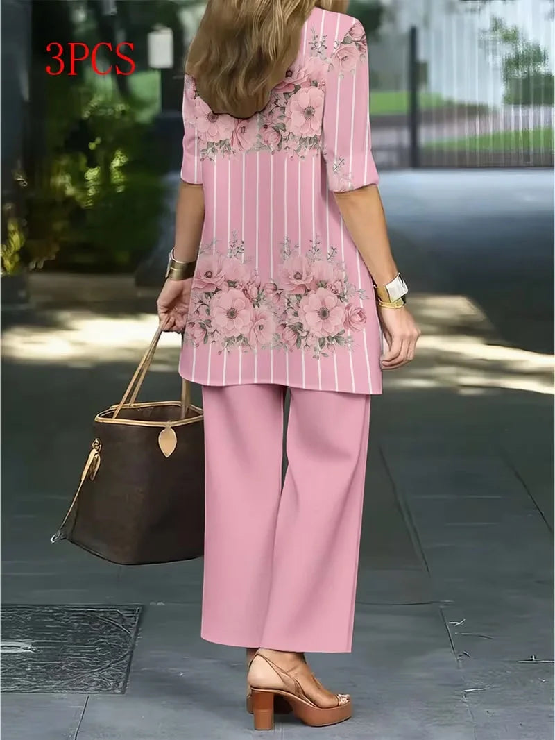 Floral Embroidered 3 Piece Linen Co-ord Set for Women — Jacket Vest and Wide Leg Pants
