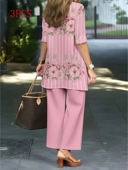 Floral Embroidered 3 Piece Linen Co-ord Set for Women — Jacket Vest and Wide Leg Pants