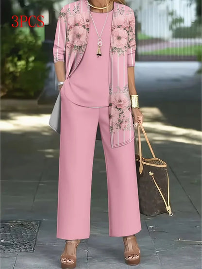 Floral Embroidered 3 Piece Linen Co-ord Set for Women — Jacket Vest and Wide Leg Pants