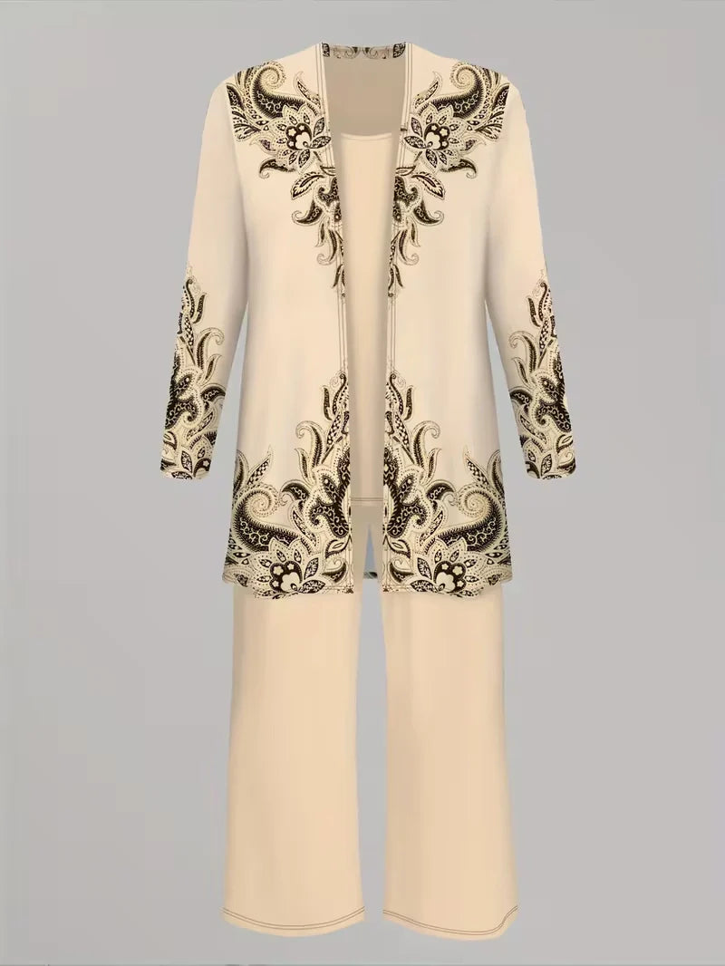 Floral Embroidered 3 Piece Linen Co-ord Set for Women — Jacket Vest and Wide Leg Pants