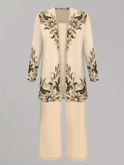 Floral Embroidered 3 Piece Linen Co-ord Set for Women — Jacket Vest and Wide Leg Pants